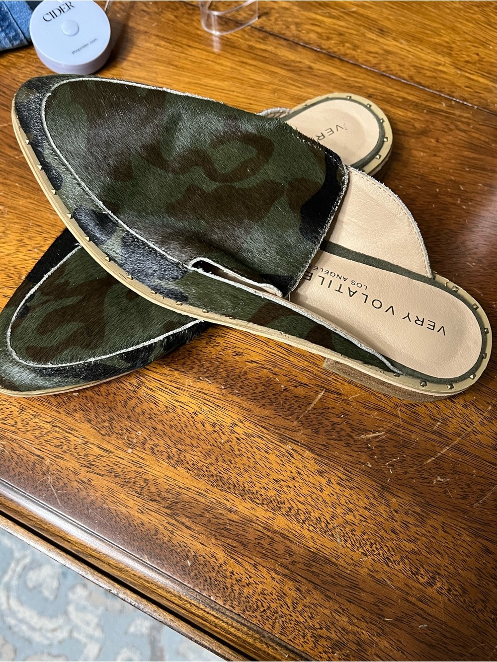 Very Volatile Green Camo Haircalf Slip-On Mules